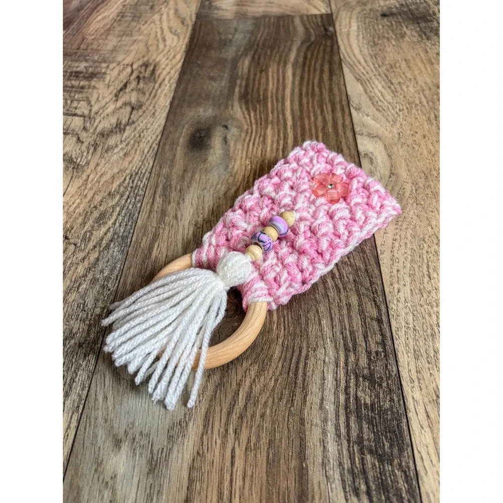 Crochet Handmade Kitchen Dish Towel Holder Pink with Button Wood Ring